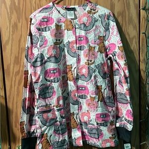 Scrub jacket with cats and donuts on it